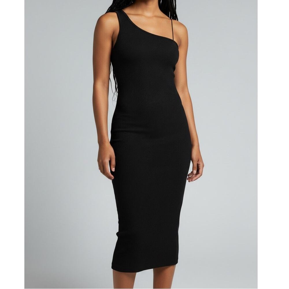 ZARA Ribbed One Shoulder Hugging Bodycon Midi Dress Stretch Slimming Small Black